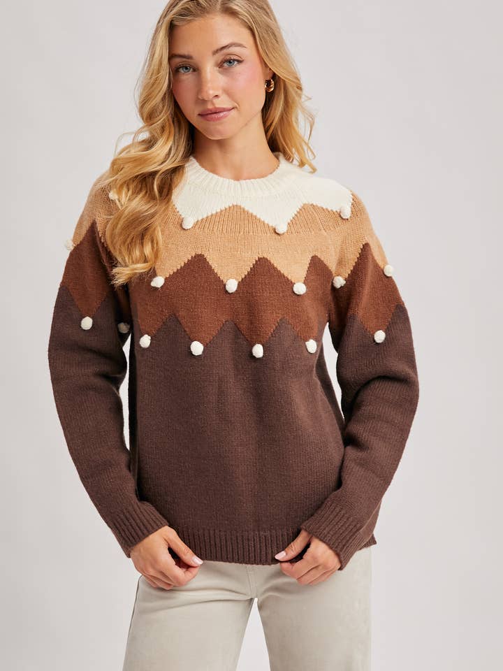 Bluivy - Wholesale Knitted jumper – Women′s - CHEVRON COLOR-BLOCKED POM-POM KNIT SWEATER2