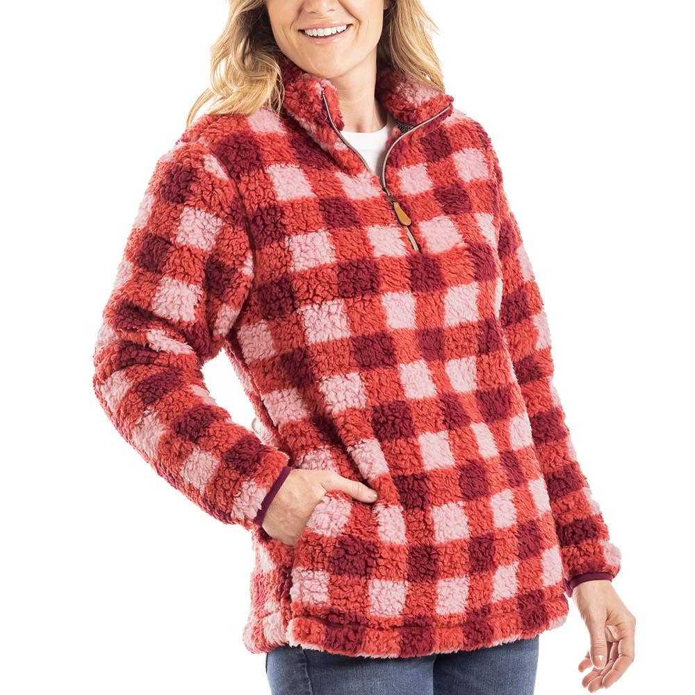 Pink and Wine Plaid Sherpa Pullover for wholesale on Faire0