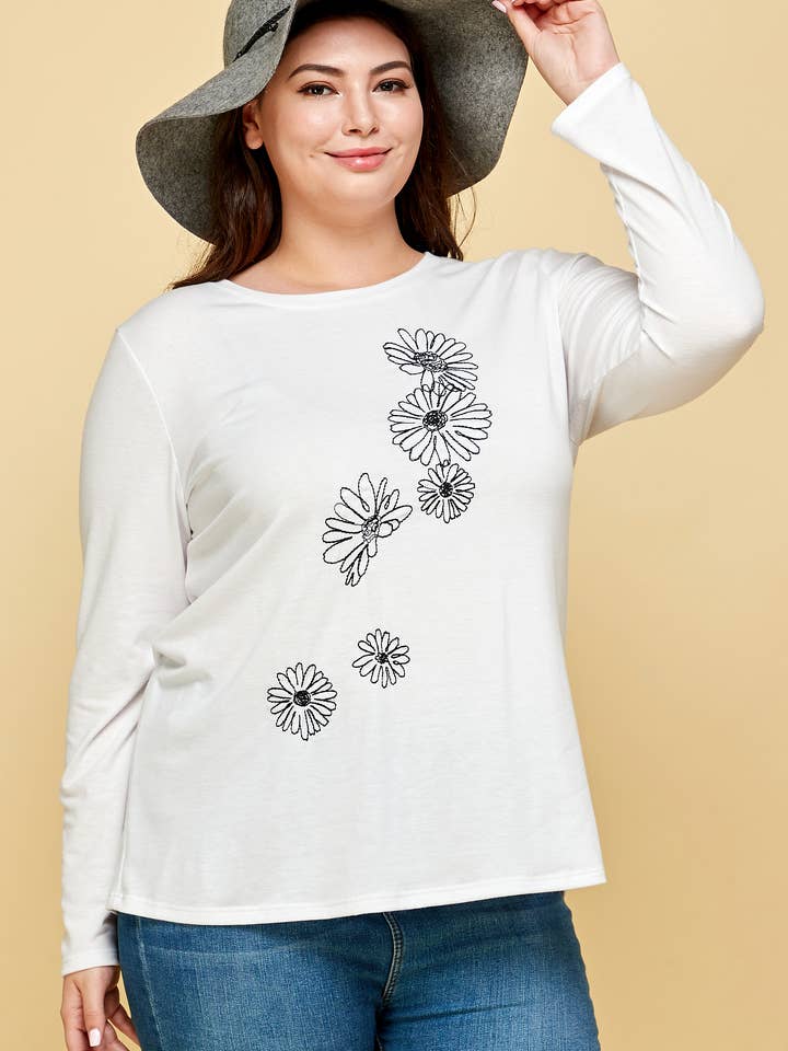 ETK-8643-PL Plus Size Long Sleeves Top with Floral Embroider for wholesale by Emerald Collection