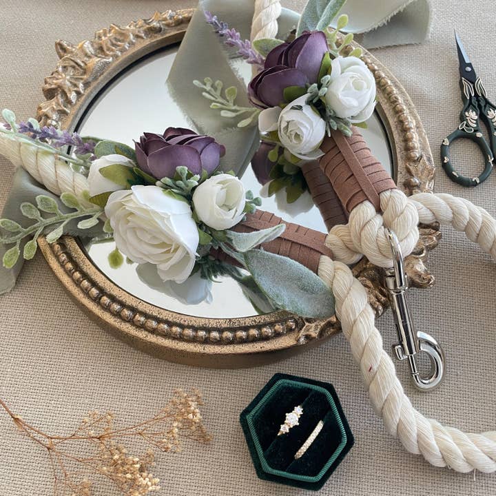 Lavender and White Rose Dog Leash for Wedding for wholesale by Wolf and Wonder