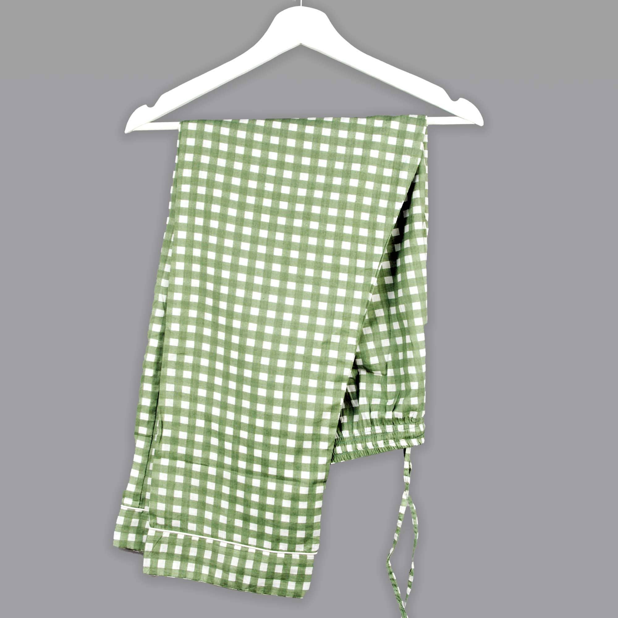 Kantha Decor - Wholesale Sleepwear Set - Women's - Long Cotton PJ Set With Pouch - Forest Sage & White Gingham 3