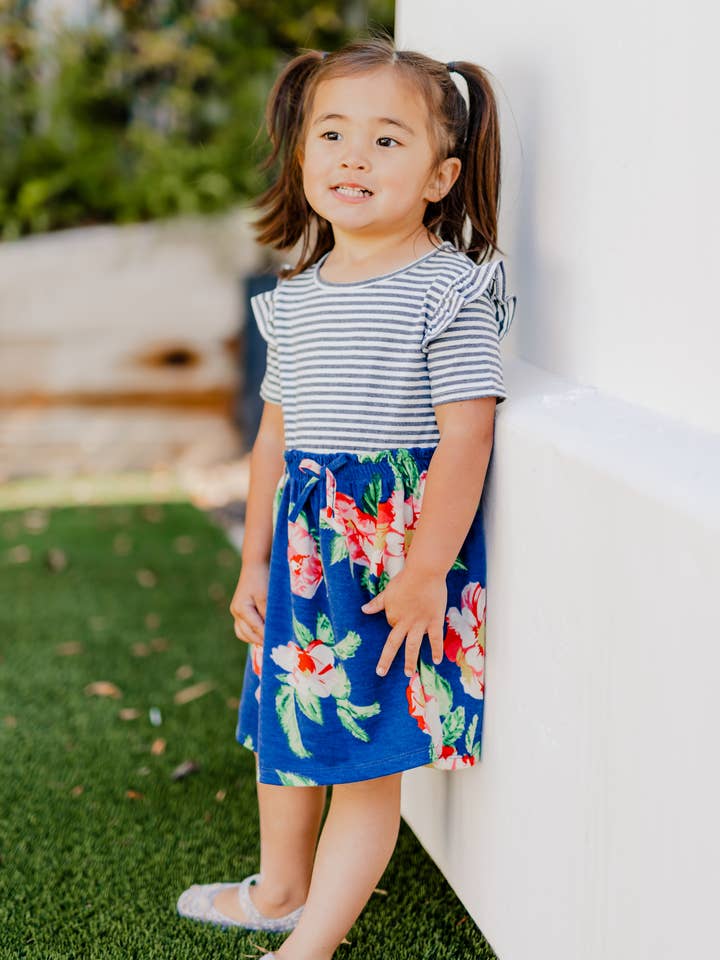 Tickled Teal - Wholesale Dress - Kids - Girls Stripe Floral Ruffle Dress