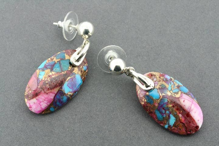 Makers & Providers - Wholesale Dangle earrings - Oval stone stud - bronzed spiny oyster & turquoise
