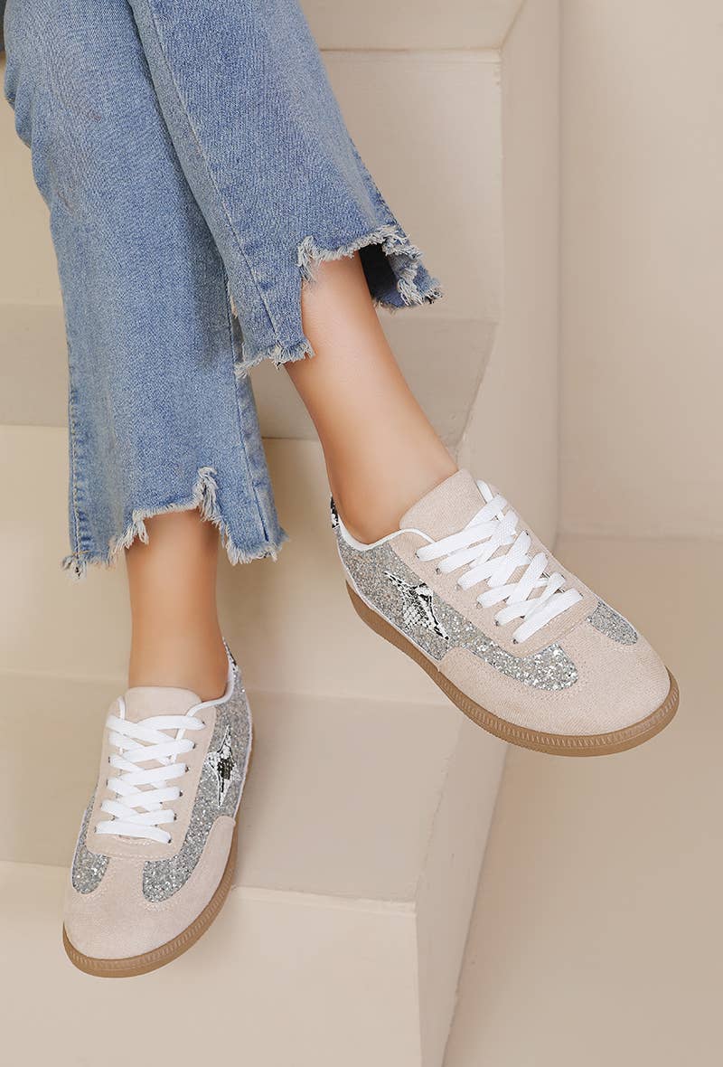 Joia Paris - Vente Baskets tendance – femme - Basket à lacets paillettes avec étoiles B-66124