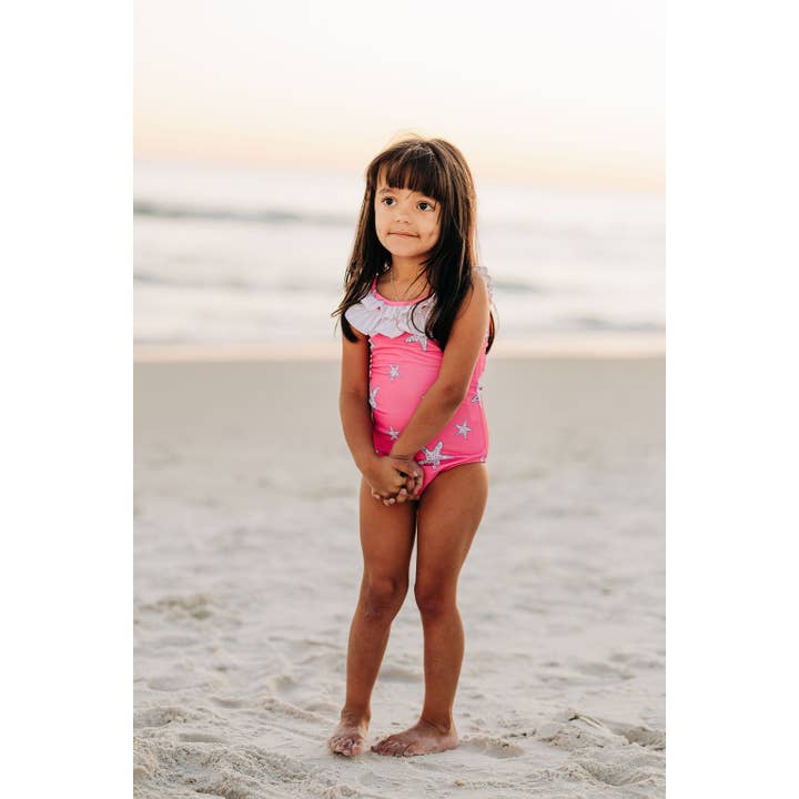 Sugar Bee Clothing - Wholesale One Piece Swimsuit - Kids - Girls Swimsuit - Bow Back - Pink Starfish
