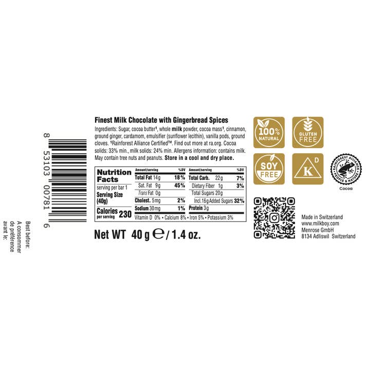 Milkboy Swiss Chocolates - Wholesale Chocolate Bar - Gingerbread Spices Milk Chocolate Snack Size Bars 1.4oz2