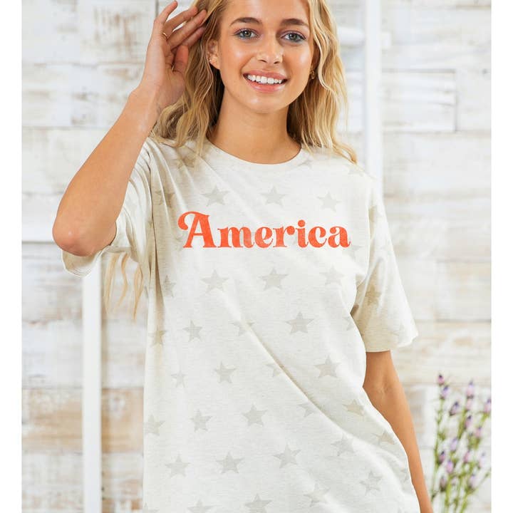 Emmaus, Inc. - Wholesale Screen Printed T-Shirt - Women's - AMERICA Star Print Graphic T-Shirt Top4