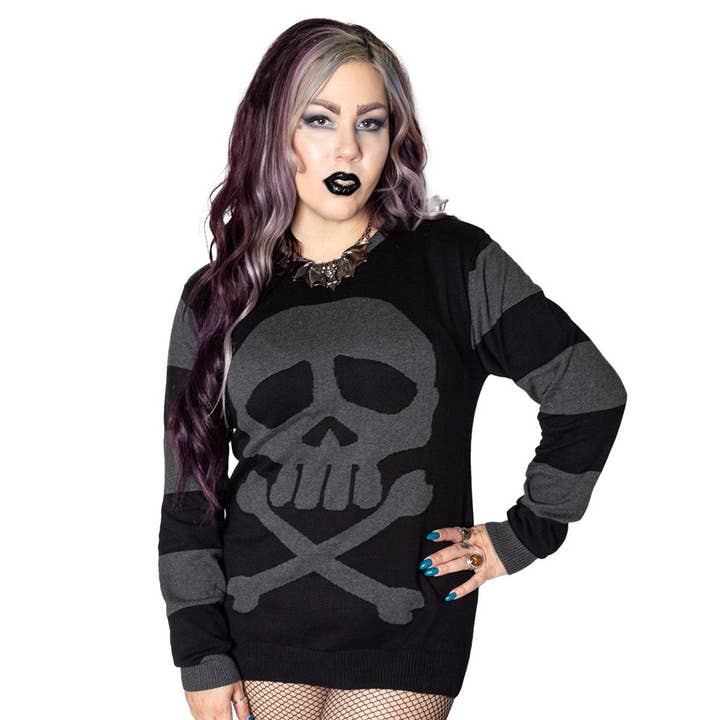 Kreepsville - Wholesale Knit Sweater - Women's - Harlock Skull Grey Striped Sweater2