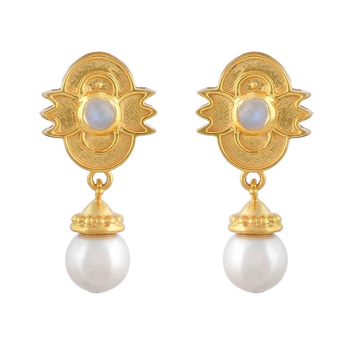 Pendientes de latón chapados en oro con perlas de Moonstone, valiosos regalos, amor para venta al por mayor de Misteerious Seed
