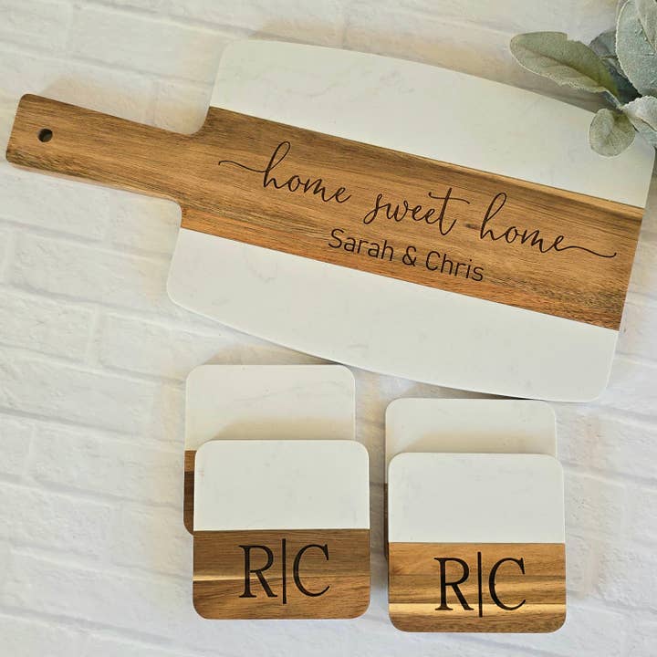 Personalized Cutting Board & Coaster Set for Wedding Gifts for wholesale by Stillwater Laser Engraving