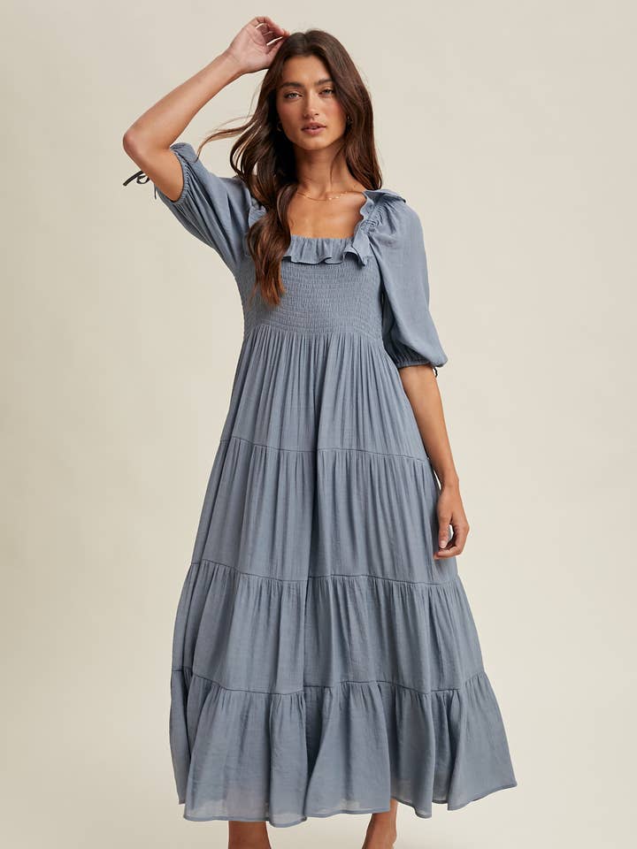 RUFFLE DETAIL TIERED MIDI DRESS / WL25-10640 for wholesale by Wishlist Apparel