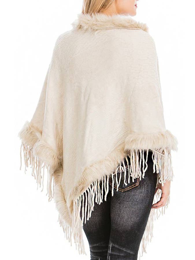 Cap Zone – wholesale Poncho – Women's – Faux Fur Lined Fringe Trim Pullover Poncho6
