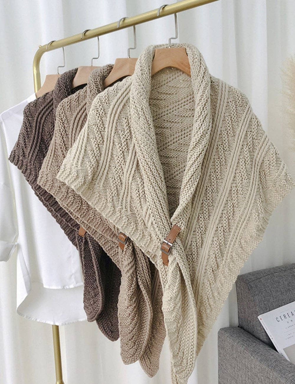 Dipped Shop - Wholesale Scarf - Women's - Split Triangle Solid Color Poncho Knit Scarf DPS16047
