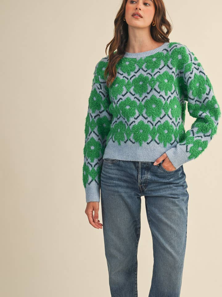 &MERCI - Wholesale Knit Sweater - Women's - FUZZY TEXTURE FLORAL SWEATER MSW1119837
