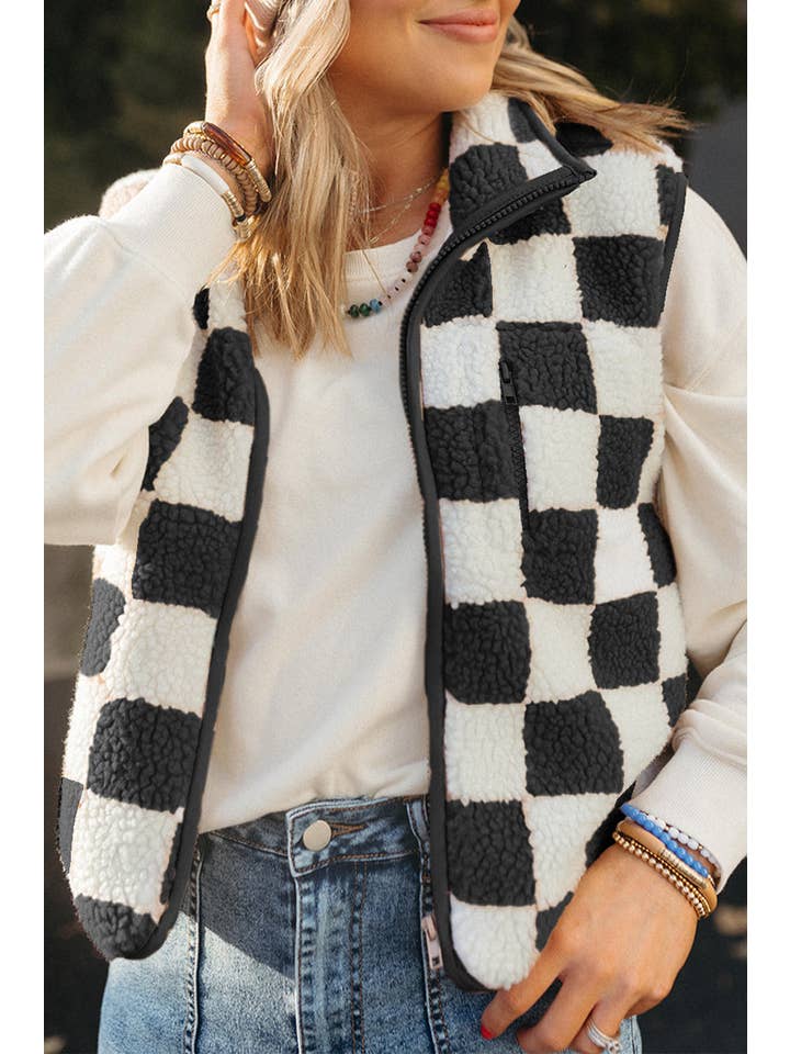 Black Checker Sherpa Zipped Jacket Vest for wholesale on Faire