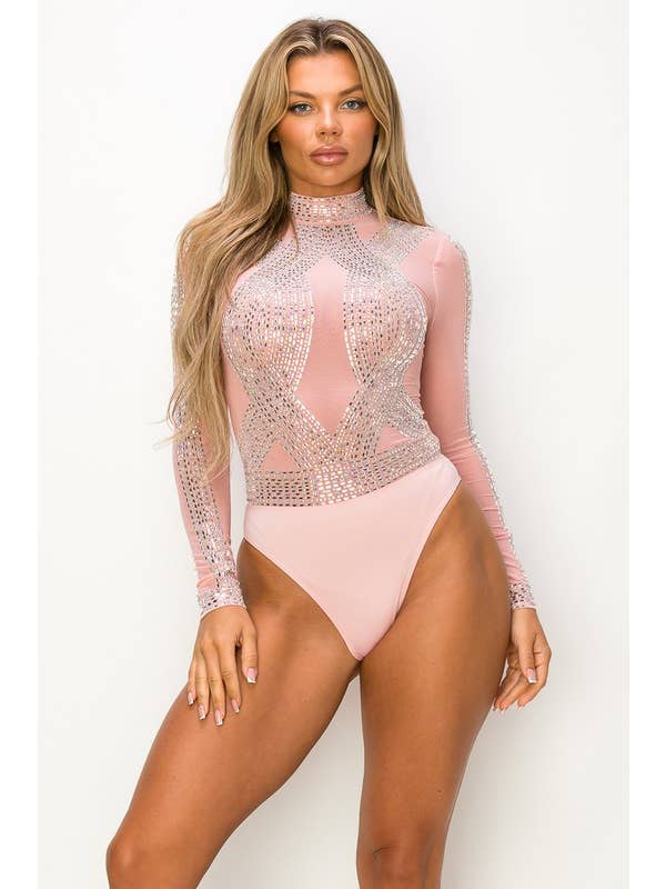 Mauve BCCBS44102 Rhinestone Mesh Long Sleeve Bodysuit - Sale for wholesale on Faire