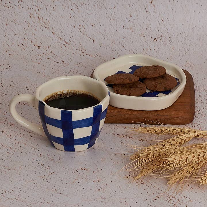 Casa Amarosa - Wholesale Coffee/Tea Cup - Gingham Check Cup and Saucer Set- Indigo
