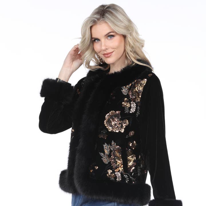 Embroidered Velvet Jacket with Faux Fur Trim for wholesale by Aris A