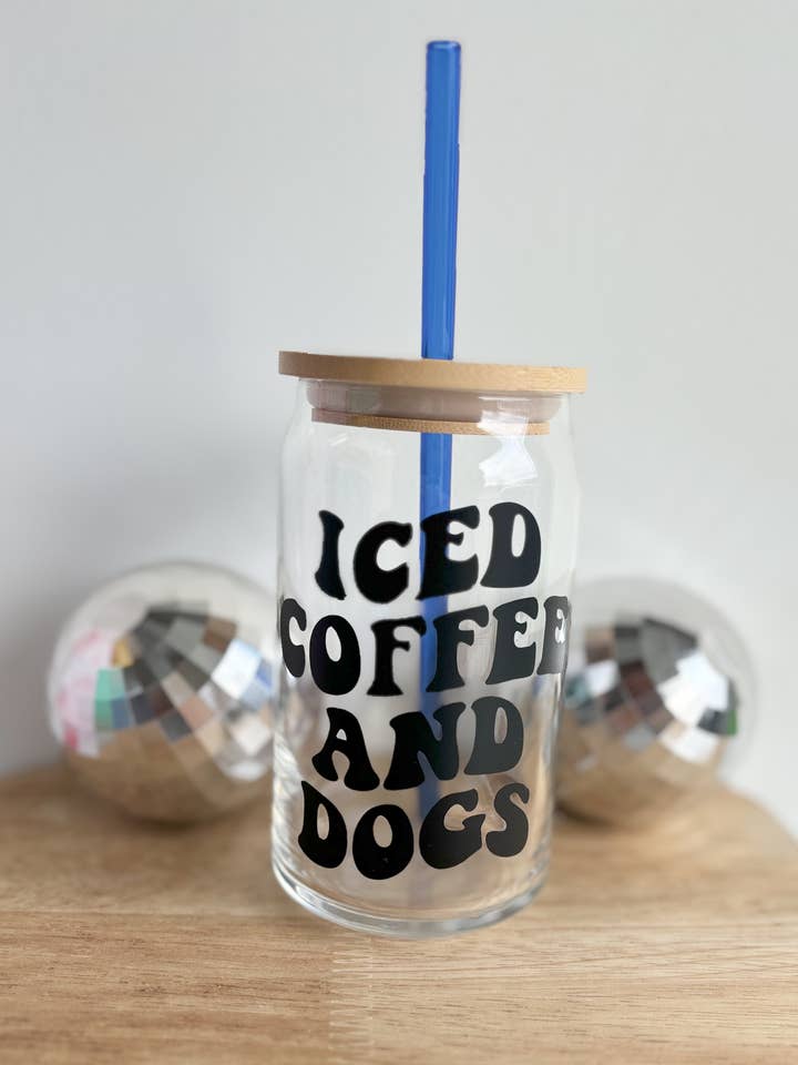 Iced Coffee and Dogs Coffee Can Glass Mug for wholesale by Wild Souls Co