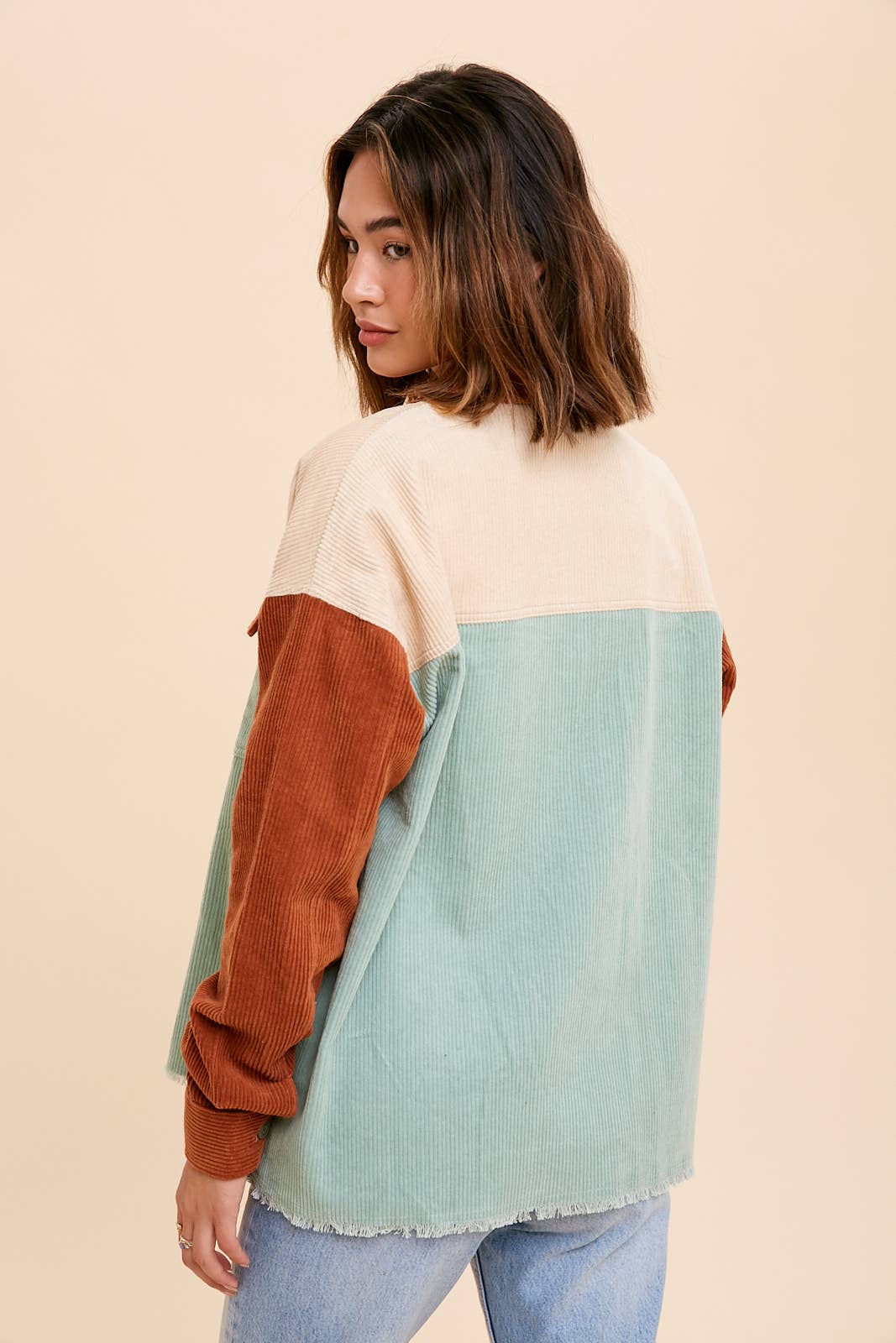 SAGE RUST COLOR BLOCK CORDUROY SHACKET for wholesale on Faire4