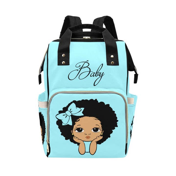 Designer Diaper Bag Lighter Skin African American Girl Electric Blue Waterproof Diaper Bag Backpack for wholesale by TJtoddles.com