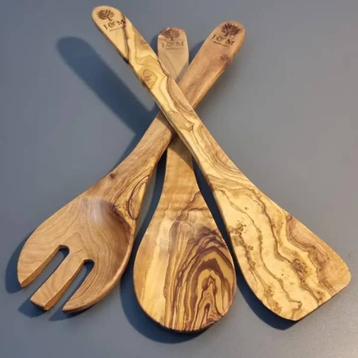 Olive Wood Utensils Set of 3 (Spoon, Spatula & Spoon with Spikes) for wholesale by J&M Homewares