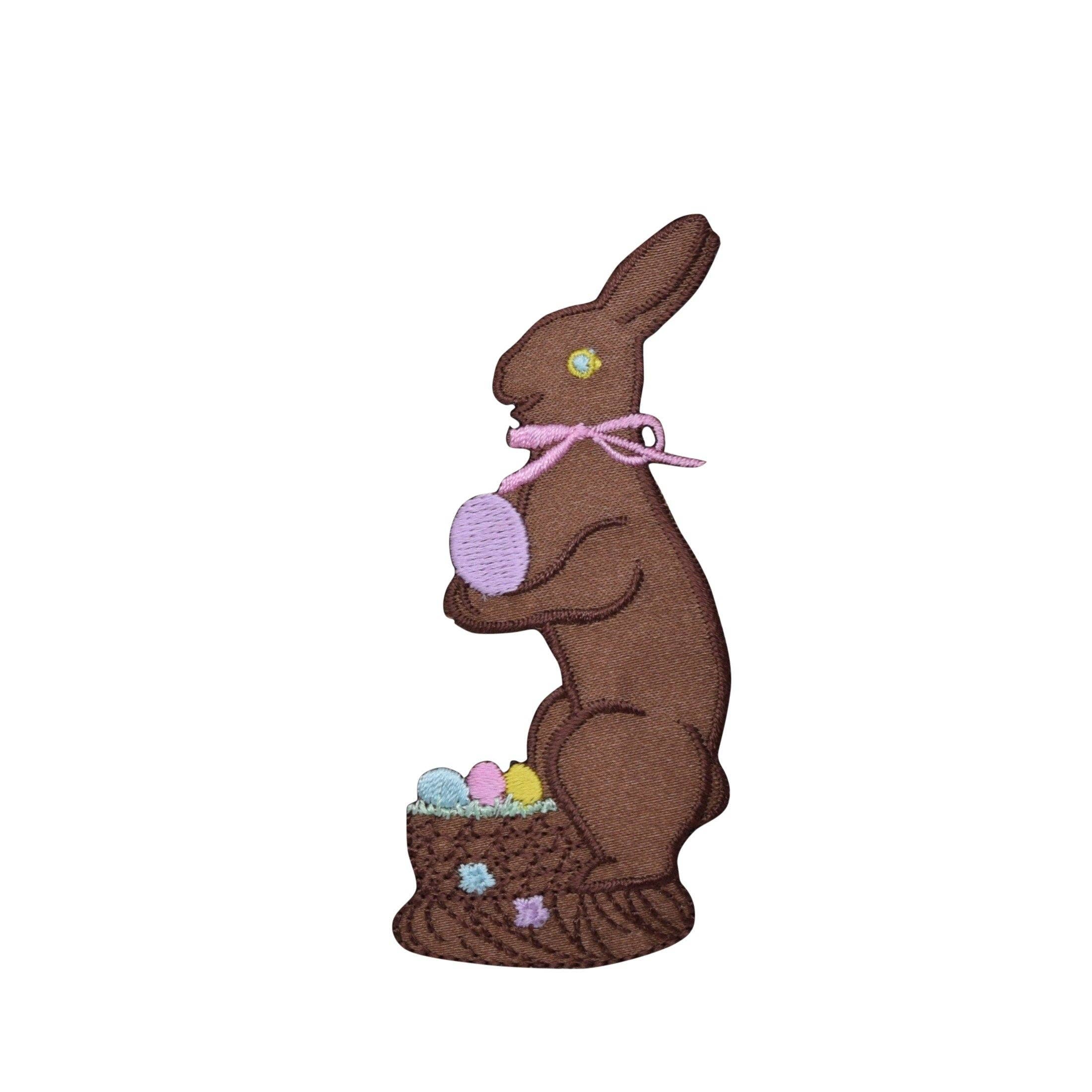 Wholesale Applique – wholesale Patch – Chocolate Easter Bunny with Basket of Eggs, Easter Candy, Embroidered Iron on Patch