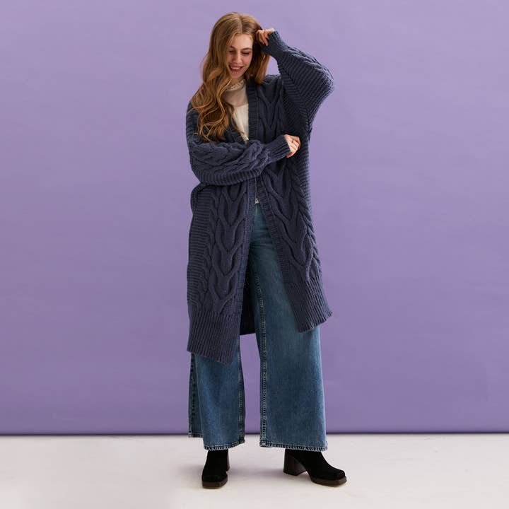 Cara & The Sky - Wholesale Cardigan - Women's - Alex Cable Balloon Sleeve Maxi Cardigan - Denim10
