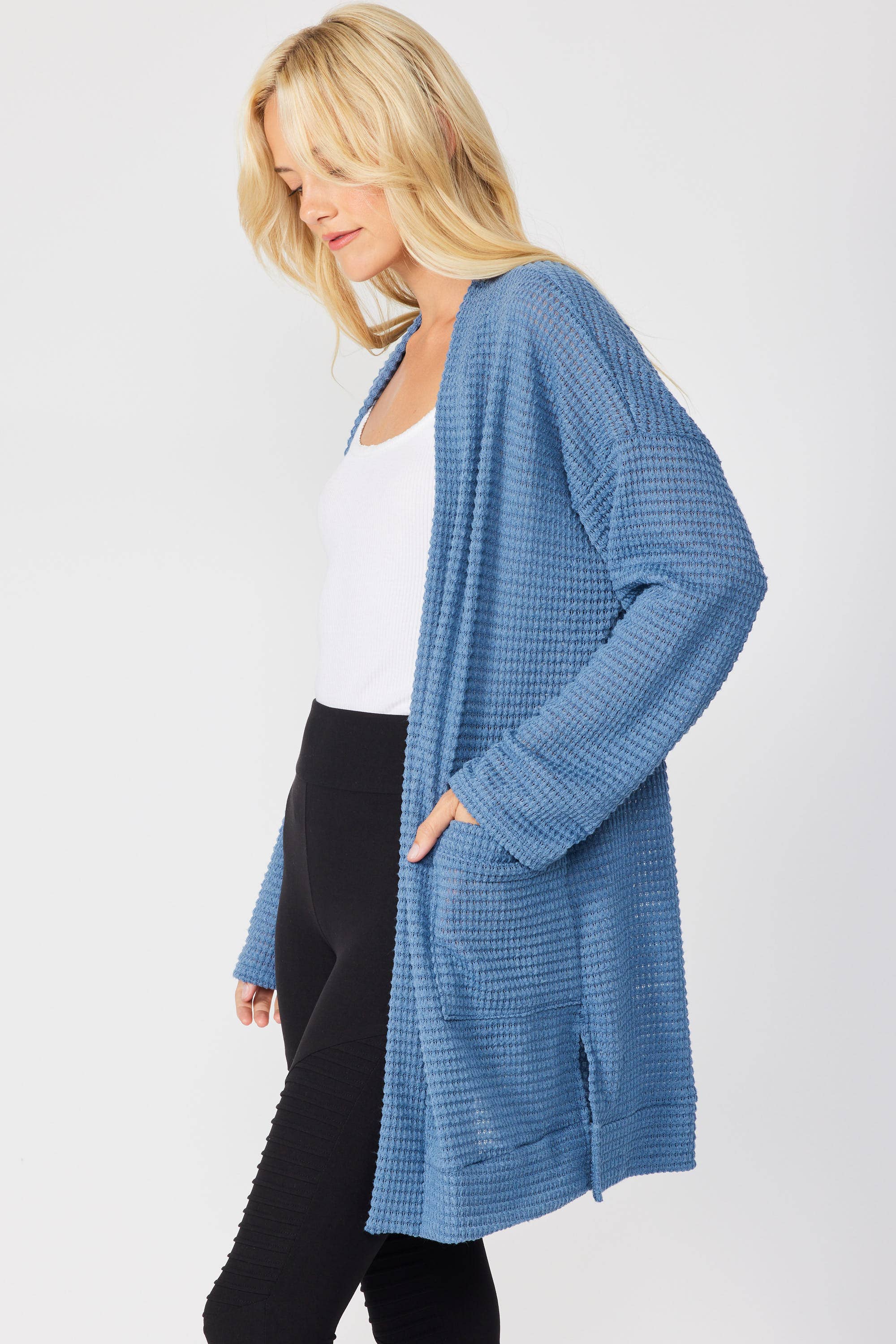 FSL Apparel - Wholesale Cardigan - Women's - SJ1005 - WAFFLE KNIT OPEN FRONT CARDIGAN WITH POCKETS16