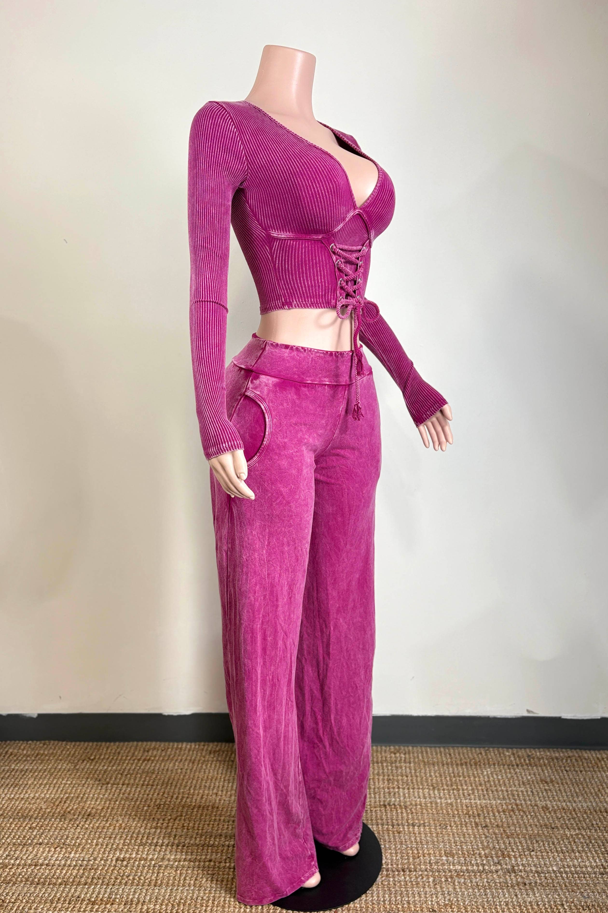 Dalia Studio - Wholesale Lounge Set - Women's - MINERAL WASH FRONT LACED TOP & LOUNGE PANT SET5