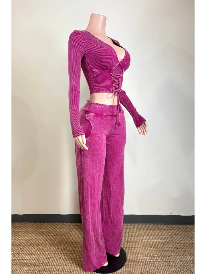 Dalia Studio - Wholesale Lounge Set - Women's - MINERAL WASH FRONT LACED TOP & LOUNGE PANT SET5