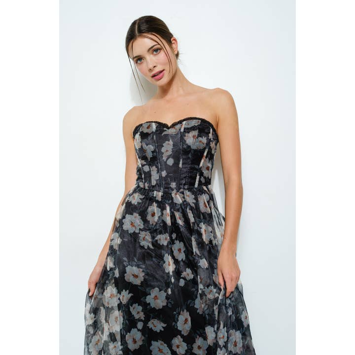TAUPE BLACK Strapless Floral Maxi Dress with Corset Bodice for wholesale on Faire