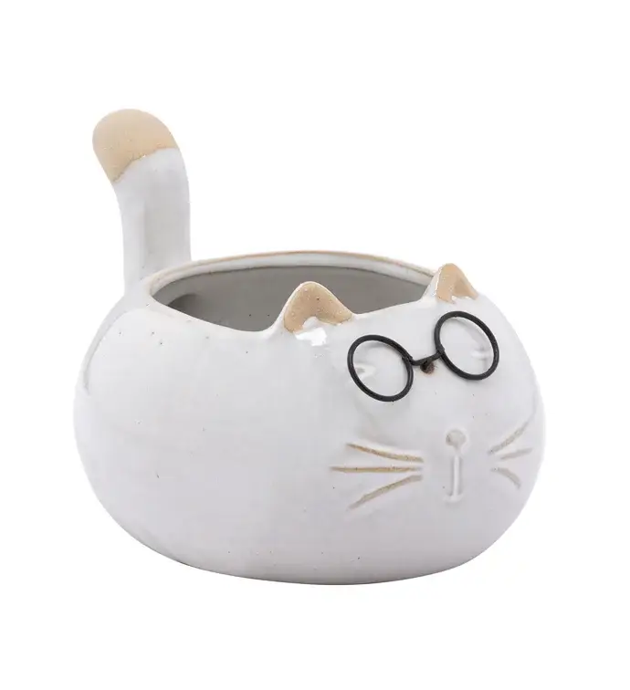 Will's Company - Wholesale Plant Pot - Ceramic White & Tan Cat Planter with Glasses - 6.75"0