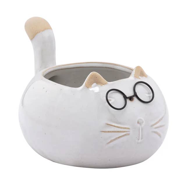 Will's Company - Wholesale Plant Pot - Ceramic White & Tan Cat Planter with Glasses - 6.75"0