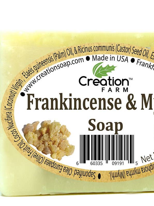 Saponette all'incenso e mirra Sapone artigianale con oli di oliva, cocco, ricino e palma Due saponette da 4 oz Creation Farm per la vendita all'ingrosso da parte di Creation Farm Inc