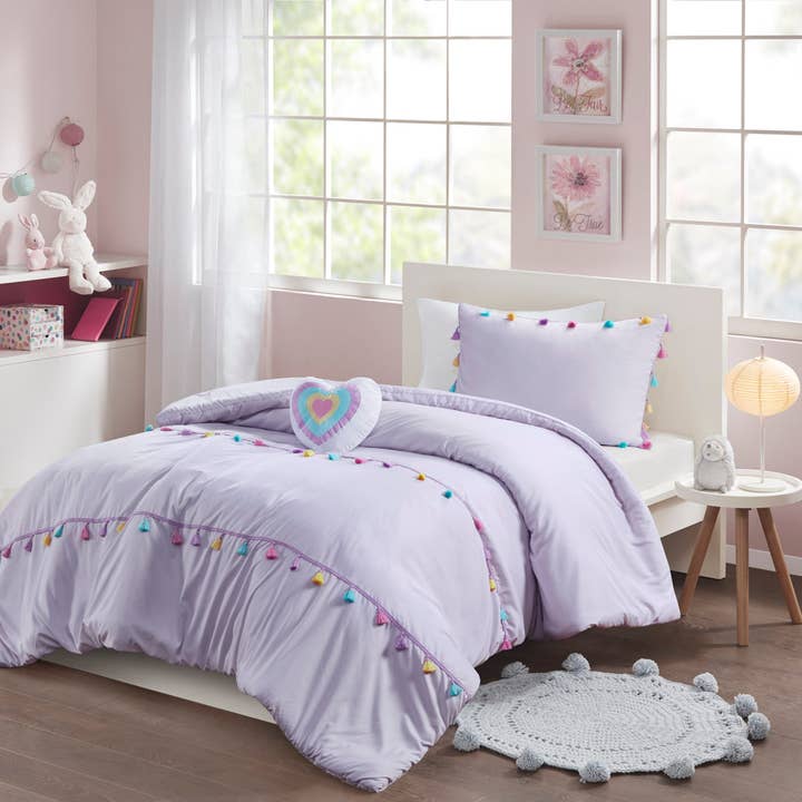 Ensemble de couette pour enfants Lavande à pompons colorés pour la vente par Olliix