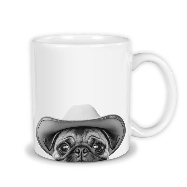 Peeking Pug Cowboy Mug for wholesale by Perkie Prints