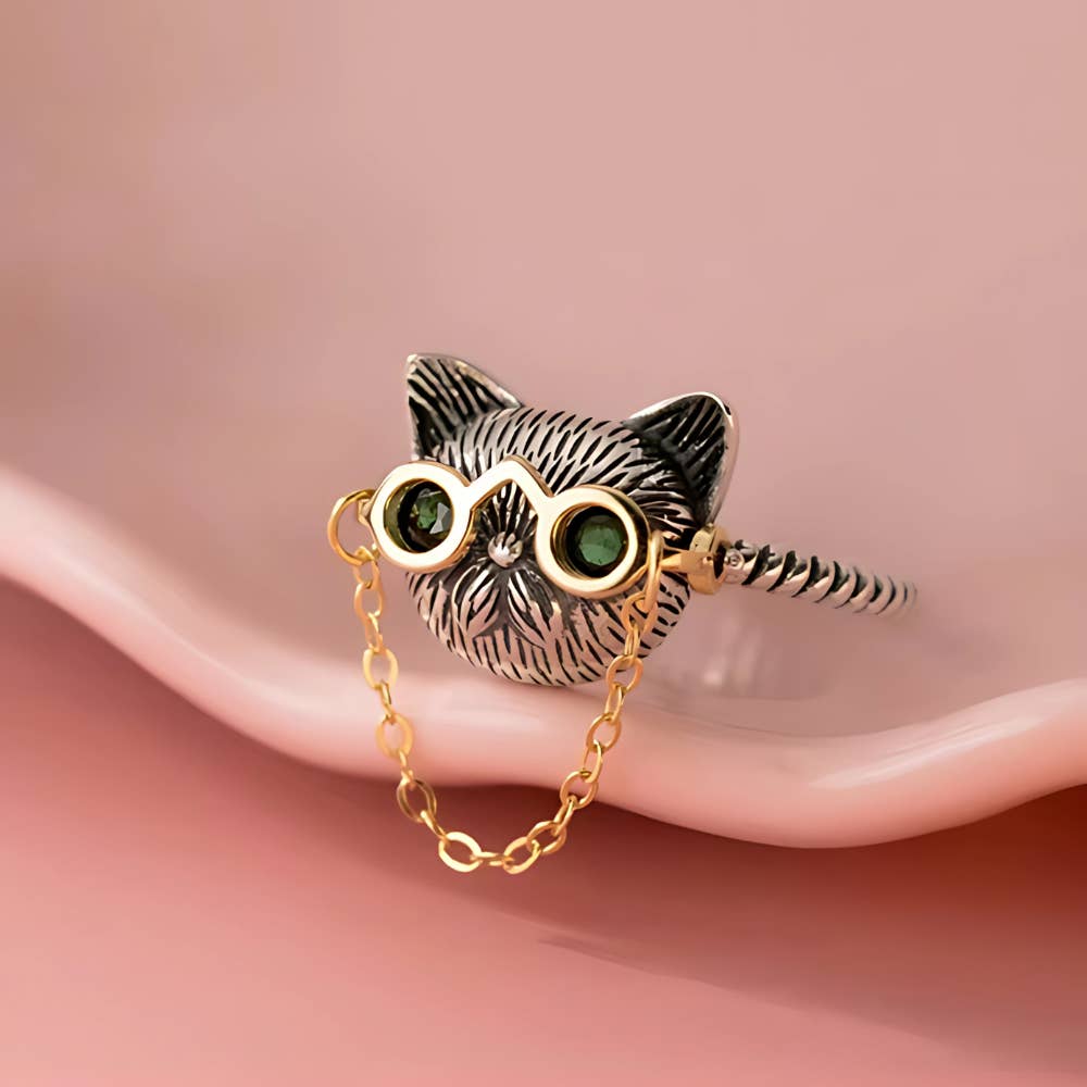 Ashlen - Vente Bague de cocktail/de cérémonie - BAGUE LUNETTES CHAT EXCENTRIQUE (AJUSTABLE)