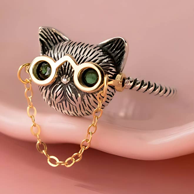 Ashlen - Vente Bague de cocktail/de cérémonie - BAGUE LUNETTES CHAT EXCENTRIQUE (AJUSTABLE)0