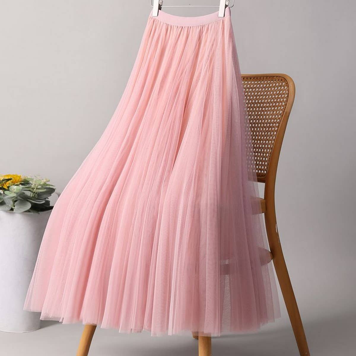ACCITY - Wholesale Skirt - Women's - SOLID COLOR ELASTIC-WAIST MESH TULLE A-LINE SKIRT_CWBLS037218