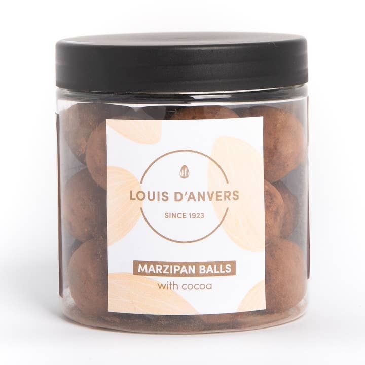 Belgium's Chocolate Source - Wholesale Chocolate Covered Sweets - Louis d'Anvers cocoa dusted marzipan balls jar. 160 gr 5.6oz0