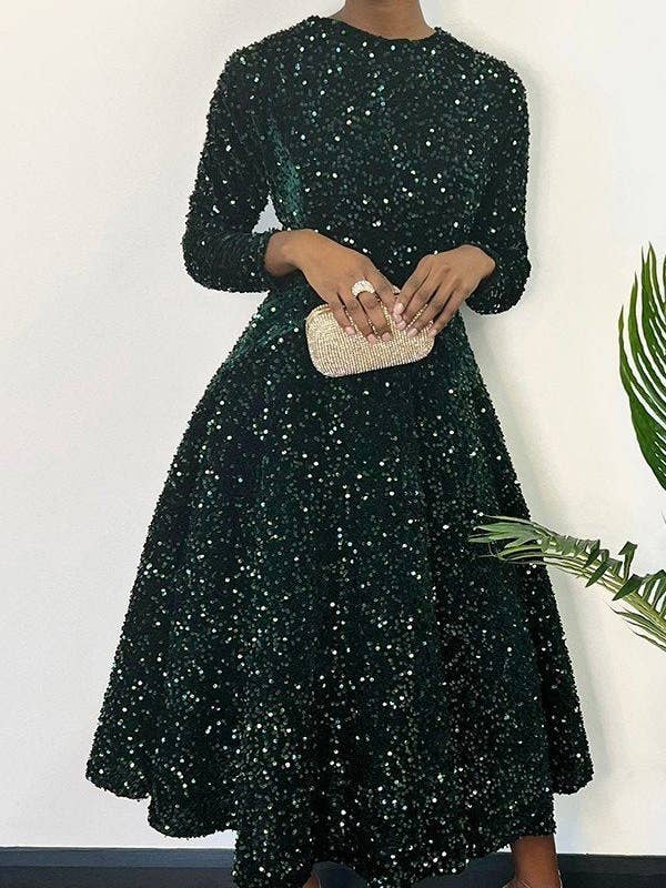 Aria Romance - Wholesale Dress - Women's - Round neck long sleeve solid color sequin high waist style mid-length dress dress