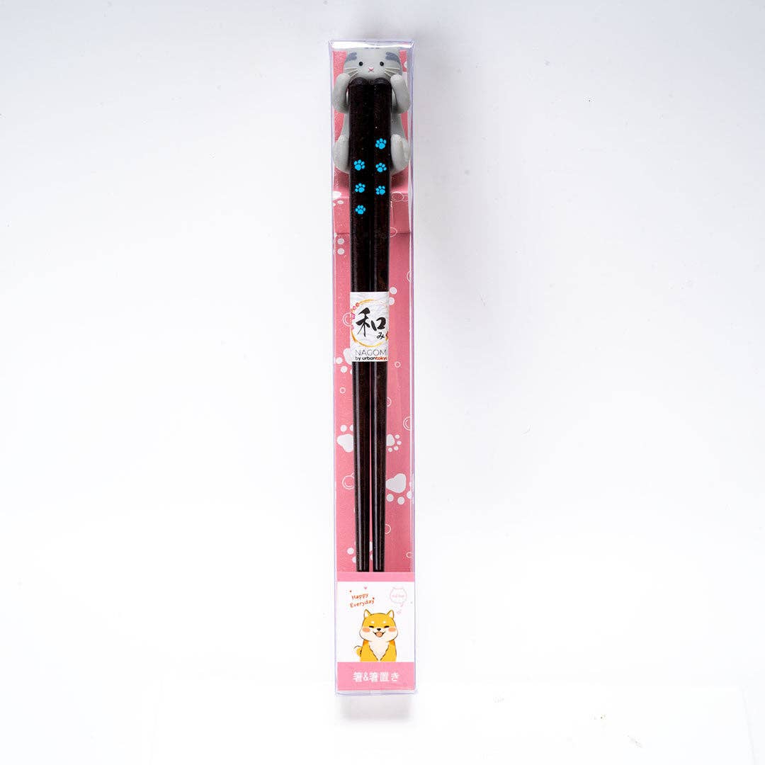 Urban Tokyo - Vente Baguettes - Ensemble cadeau de baguettes et repose-baguettes Chat Gris (20/200)1