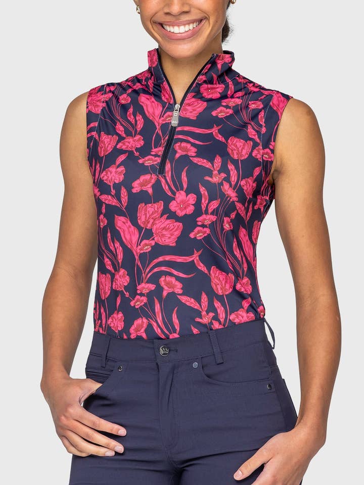 Hot Pink French Tulips Ruched Back Sleeveless 1/4 Zip Sun Shirt for wholesale by Kastel Denmark