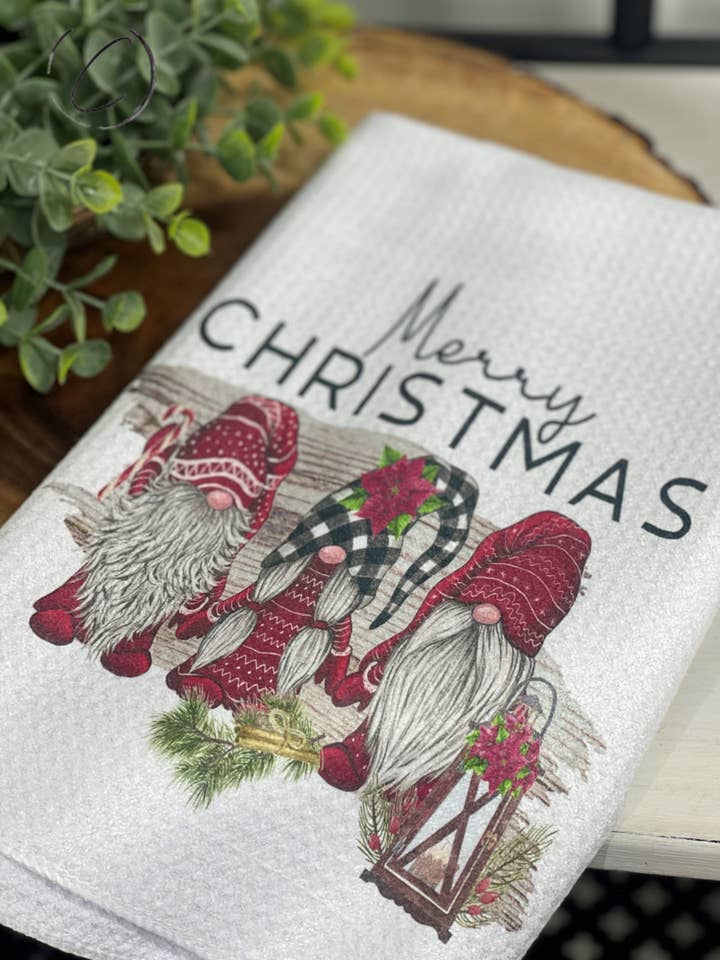 Merry Christmas Gnomes Waffle Weave Tea Towel for wholesale by CMD Wholesale