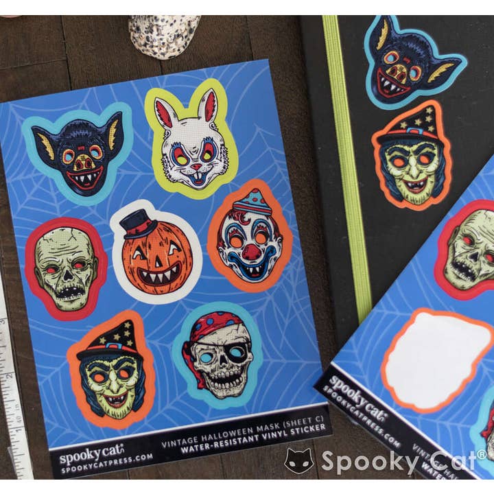 Halloween Masks Sticker Sheet C for wholesale by Spooky Cat Press