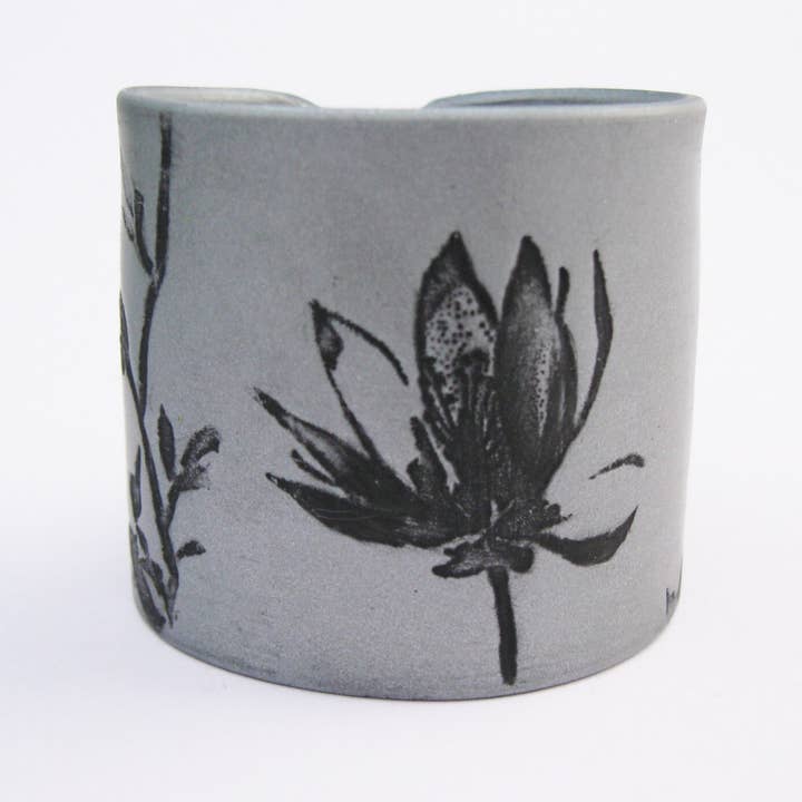 Tea House Designs - Wholesale Cuff Bracelet - Silver Cuff Bracelet, Black Asian Magnolia Design, Handmade2