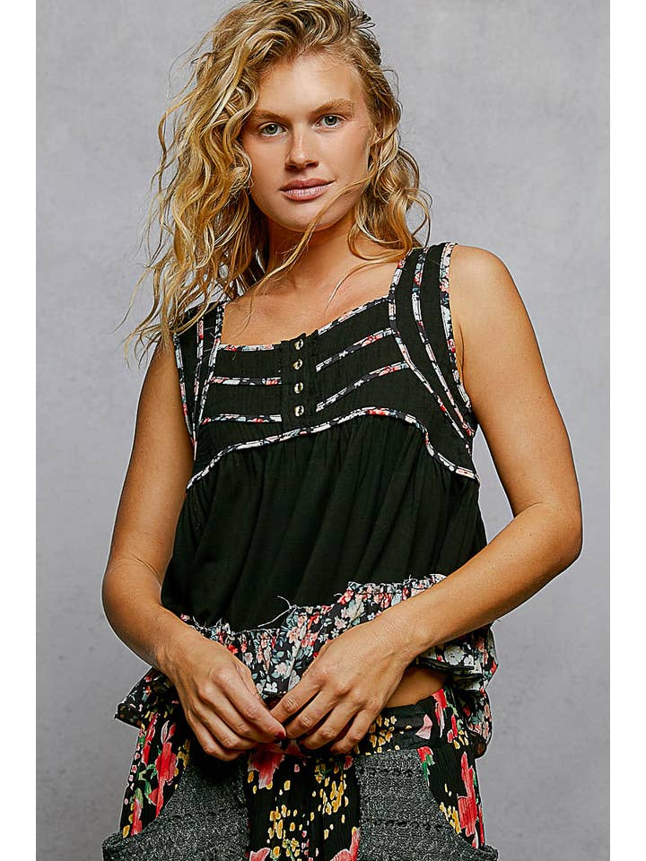 Pol Clothing - Wholesale Tank Top - Women's - Square Neck Soft POL Jersey Floral Trim Boho Tank Top1