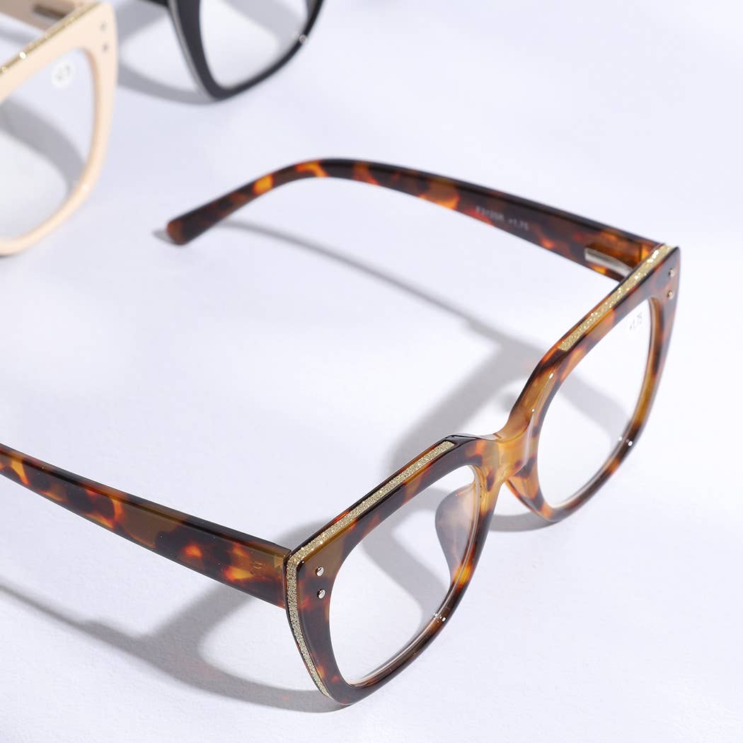 12 ASSORTEREDE FARVER Bred ramme Glitter Side Fashion læsebriller for engroshandel på Faire2