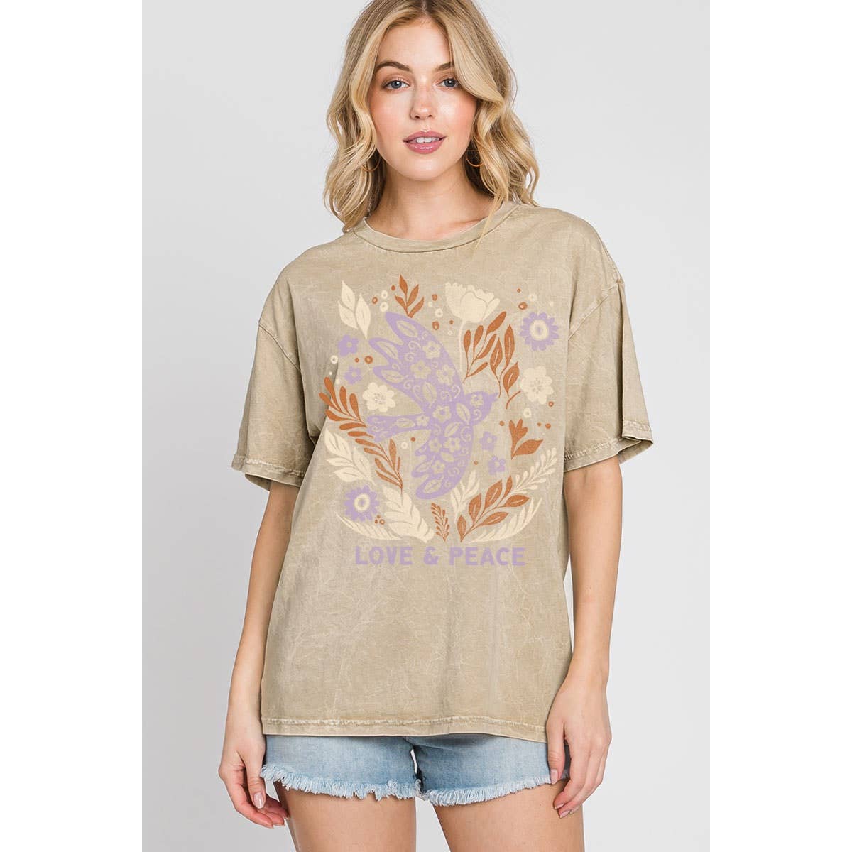 HRTandLUV – T-shirt gráfica - Mulher por atacado – T-shirt Gráfica Mineral LOVE N PEACE1